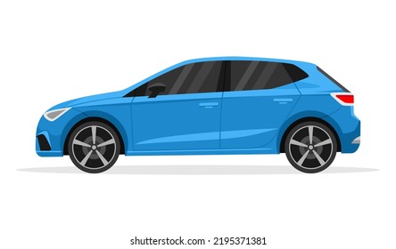 Blue hatchback car side view on a white background. Flat vector illustration