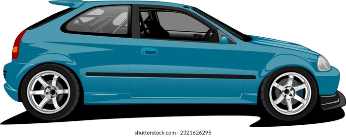 blue hatchback hothatch sports performance racing coupe style car front side wheels vector illustration
