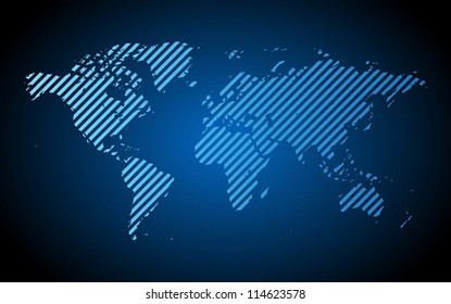 Blue hatched world map. Vector illustration.