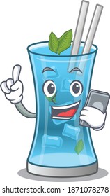 Blue hawai cocktail caricature character speaking with friends on phone