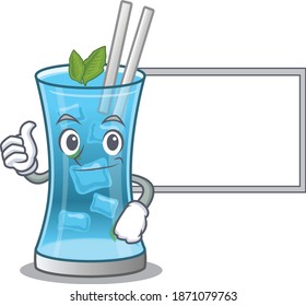 Blue hawai cocktail cartoon design with Thumbs up finger bring a white board