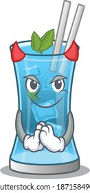 Blue hawai cocktail clothed as devil cartoon character design concept