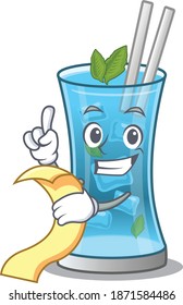 Blue hawai cocktail mascot character style with a menu on his hand