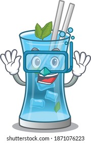 Blue hawai cocktail mascot design swims with diving glasses