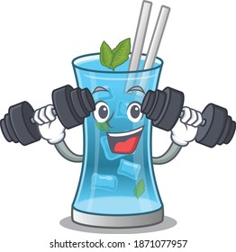 Blue hawai cocktail mascot design feels happy lift up barbells during exercise