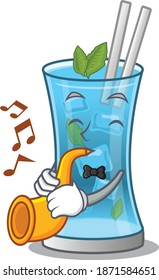 Blue hawai cocktail musician of cartoon design playing a trumpet