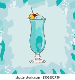 Blue Hawaii tropical classic cocktail illustration. Alcoholic bar drink hand drawn vector. Pop art