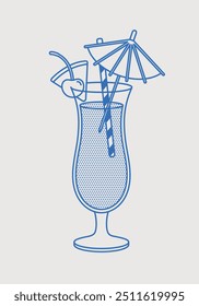 Blue hawaiian cocktail. Hurricane glass with slice of pineapple, cherry, straw, and umbrella. Line art, retro. Vector illustration for bars, cafes, and restaurants.