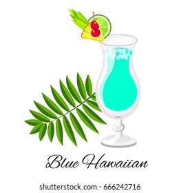 Blue Hawaiian cocktail vector cartoon style. Summer long drink isolated on white for restaurant, bar menu or beach party banner and flyer