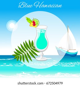 Blue Hawaiian cocktail vector cartoon style on the seaside background. Summer long drink isolated on white for restaurant, bar menu or beach party banner and flyer