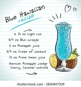 Blue Hawaiian cocktail, vector sketch hand drawn illustration, fresh summer alcoholic drink with recipe and fruits