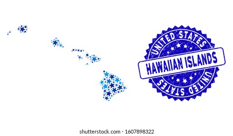 Blue Hawaiian Islands map collage of stars, and scratched rounded seal. Abstract geographic scheme in blue color tints. Vector Hawaiian Islands map is composed of blue stars.