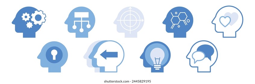 Blue Head with Brain as Icon of Imagination and Mind Power Vector Set