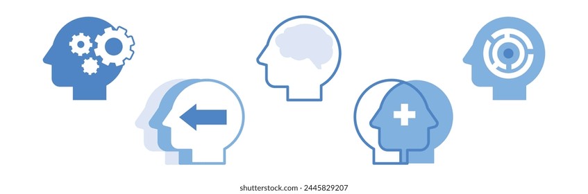 Cabeza azul con el cerebro como icono de la imaginación y la mente Vector de energía conjunto