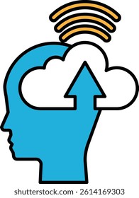 A blue head with a cloud and an arrow pointing upwards. The cloud is white and the arrow is orange. Concept of progress and growth