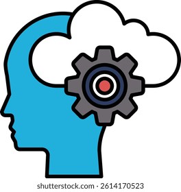 A blue head with a cloud in the background and a gear in the middle. The head is thoughtfully designed and the cloud and gear are thoughtfully placed