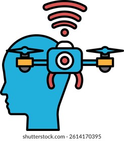 A blue head with a drone on top of it. The drone is equipped with a camera. Concept of technology and innovation