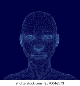 Blue head with a face made of lines. The head is in the middle of the image