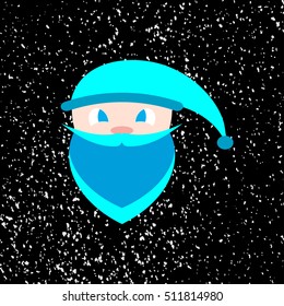 Blue head, face of Santa Claus on a background of falling snow. Happy New Year.