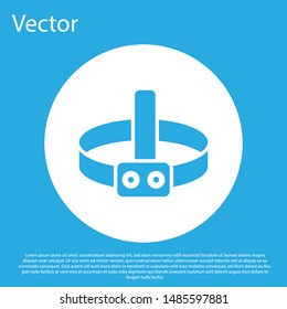 Blue Head flashlight icon isolated on blue background. Tourist head flashlight. Camping head light. White circle button. Vector Illustration