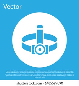 Blue Head flashlight icon isolated on blue background. Tourist head flashlight. Camping head light. White circle button. Vector Illustration
