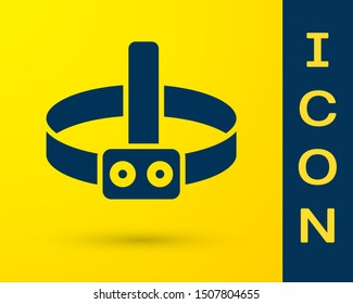 Blue Head flashlight icon isolated on yellow background. Tourist head flashlight. Camping head light.  Vector Illustration