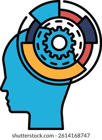 A blue head with a gear in the middle. The gear is surrounded by a circle of other gears. The image is of a brain with gears in the middle
