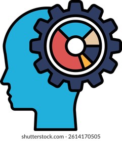 A blue head with a gear on it. The gear is red, yellow, and blue