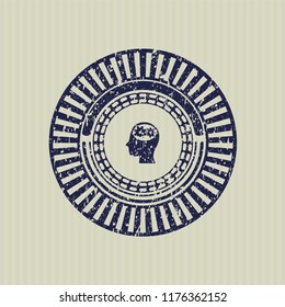 Blue head with gears inside icon inside distress rubber grunge texture seal