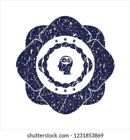 Blue head with gears inside icon inside distress grunge seal