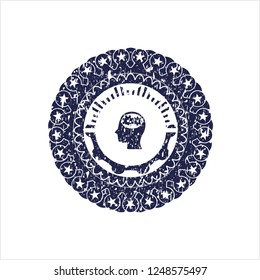 Blue head with gears inside icon inside distress rubber seal with grunge texture
