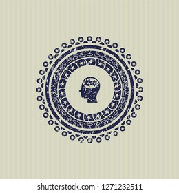 Blue head with gears inside icon inside distress grunge stamp