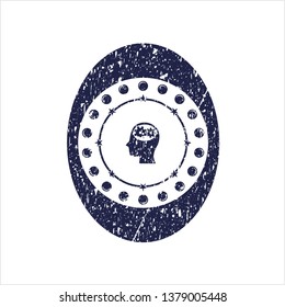 Blue head with gears inside icon inside distressed rubber texture