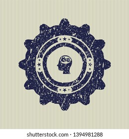 Blue head with gears inside icon inside distress rubber grunge seal