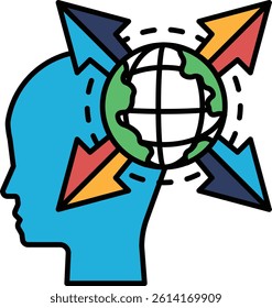 A blue head with a green globe on top of it. The globe is surrounded by arrows pointing in different directions. Concept of a complex and interconnected world, with various paths