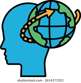 A blue head with a green globe on top of it. The globe is pointing upwards. Concept of the importance of thinking and the world