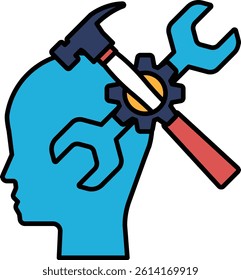 A blue head with a hammer and wrench on it. The head is the main focus of the image