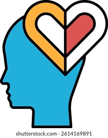 A blue head with a heart in the middle. The heart is split into two parts. The heart is red and white