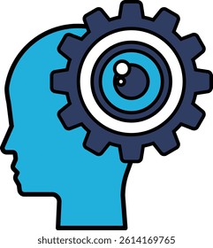 A blue head with a large eye and a gear in the middle. The eye is looking to the right
