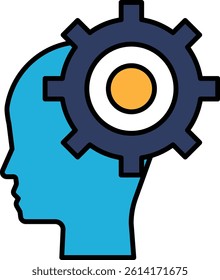 A blue head with a large gear on top of it. The gear is yellow and has a white circle in the middle