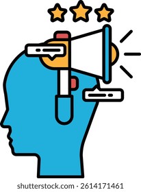 A blue head with a large speaker on it. The speaker is surrounded by stars. Concept of a powerful message or idea being shared with the world