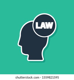 Blue Head with law icon isolated on green background.  Vector Illustration