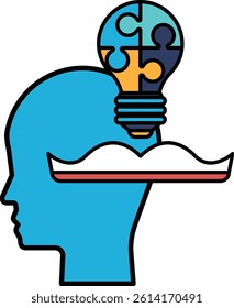 A blue head with a light bulb on top of it. The light bulb is surrounded by a puzzle piece