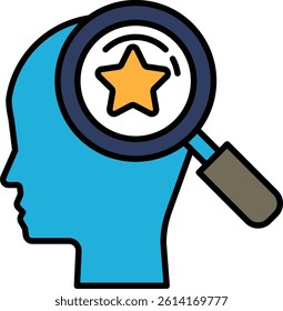 A blue head with a magnifying glass on it and a star in the middle. The star is surrounded by a circle