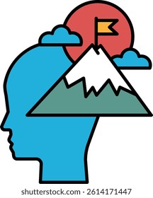 A blue head with a mountain in the background and a flag in the foreground. The mountain is a symbol of a challenge or obstacle that one must overcome