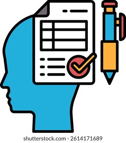 A blue head with a pen and a piece of paper with a check mark on it. Concept of completing a task or project, and the check mark signifies that it has been done successfully