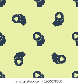 Blue Head people with play button icon isolated seamless pattern on yellow background.  Vector Illustration