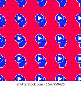 Blue Head Menschen mit Play-Taste Symbol einzeln nahtlose Muster auf rotem Hintergrund. Vektorillustration-Illustration