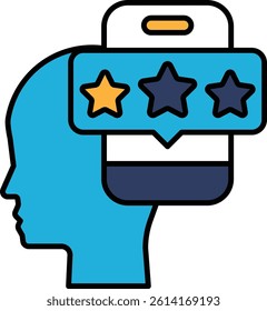 A blue head with a phone in the middle of it. The phone has three stars on it
