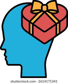 A blue head with a red bow on it. The bow is on top of a red box
